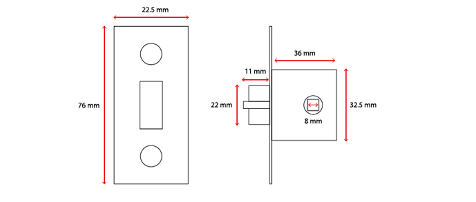 STANDARD DOOR LATCH 25MM measurements